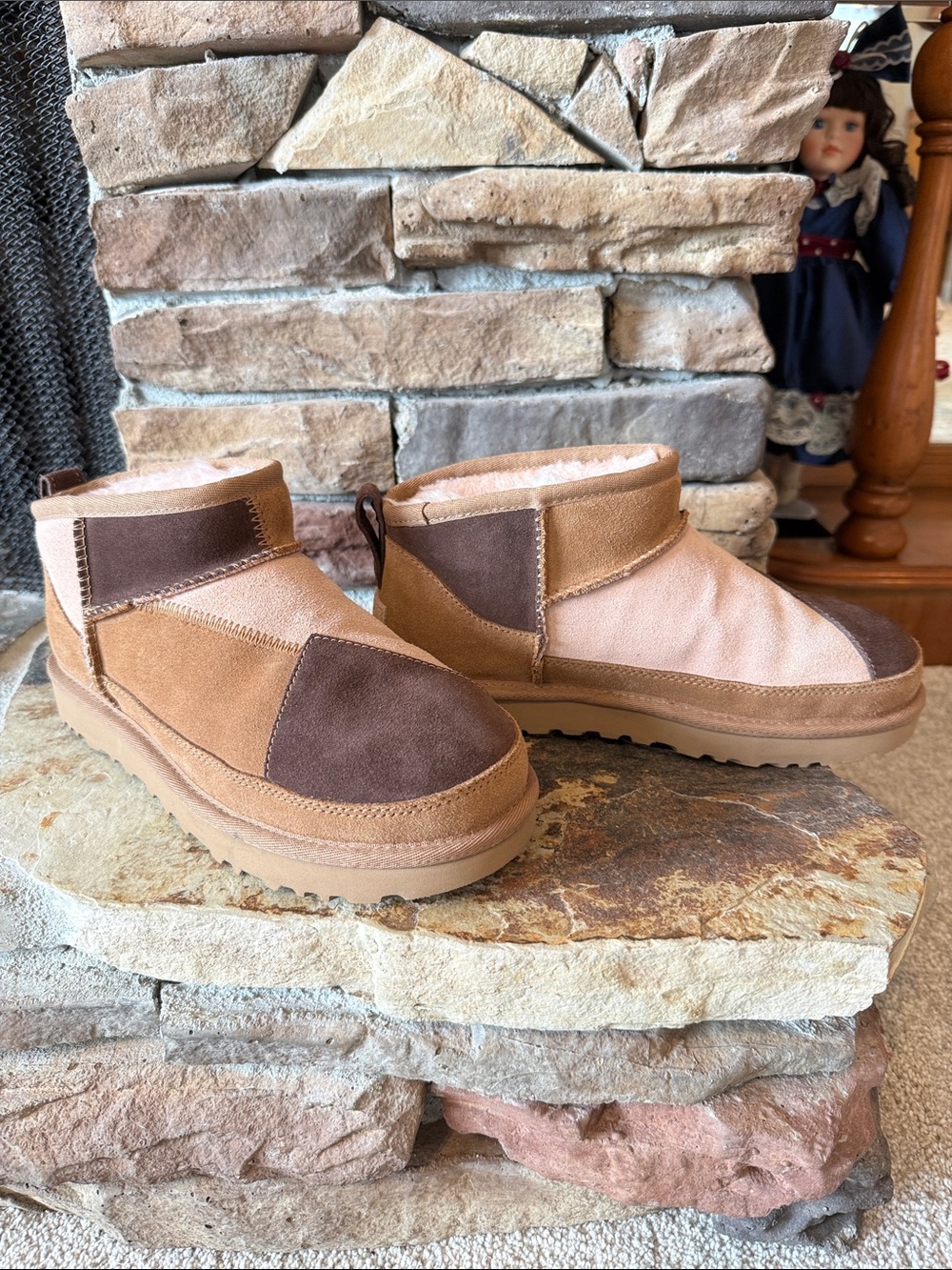 UGG Kids Patchwork Tan, Brown & Cream Slip-On Ankle Boots